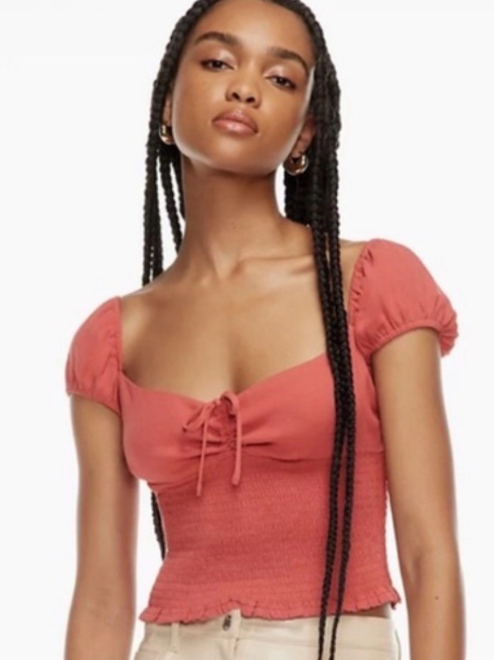 Wilfred Sojourn Top - Coral Ruched Tie-Front Puff Sleeve Crop Top